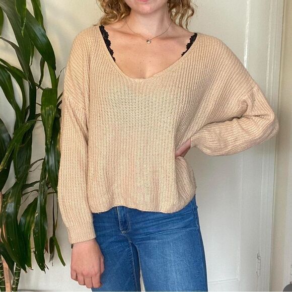 Zara Tan V-Neck Drop Shoulder Ribbed Knit Pullover Sweater Women's Size Small - Picture 1 of 11